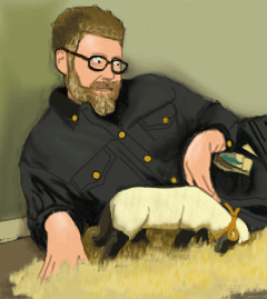 Gif of Paul petting a lamb while on a sheepskin rug.
