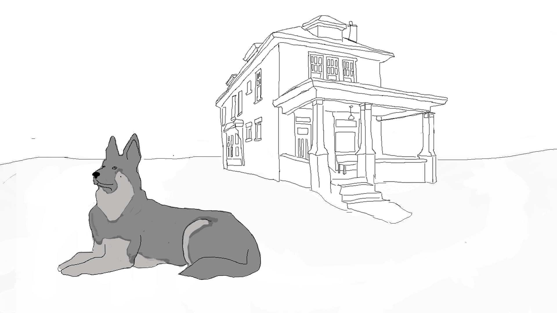 German Shepherd outside of house in "Foxes I've Seen by Now" written by Jen Hirt and illustrated by Tina Mitchell. 
